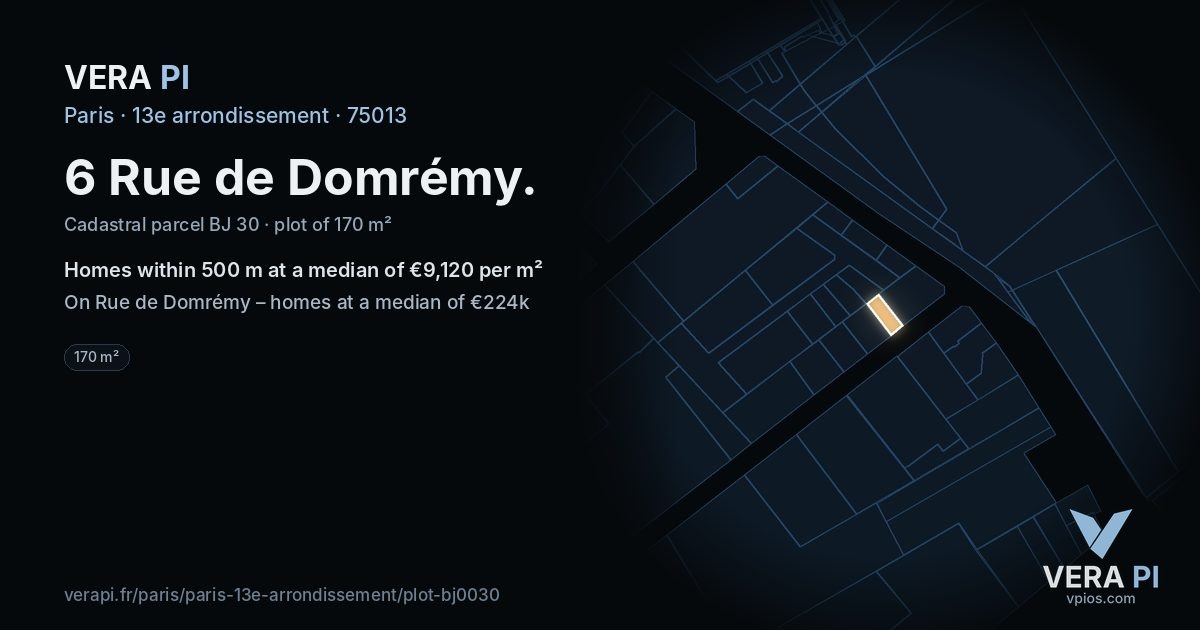 6 Rue de Domrémy, 13e arrondissement at night – the plot lit, the parcels around coloured by the prices near them