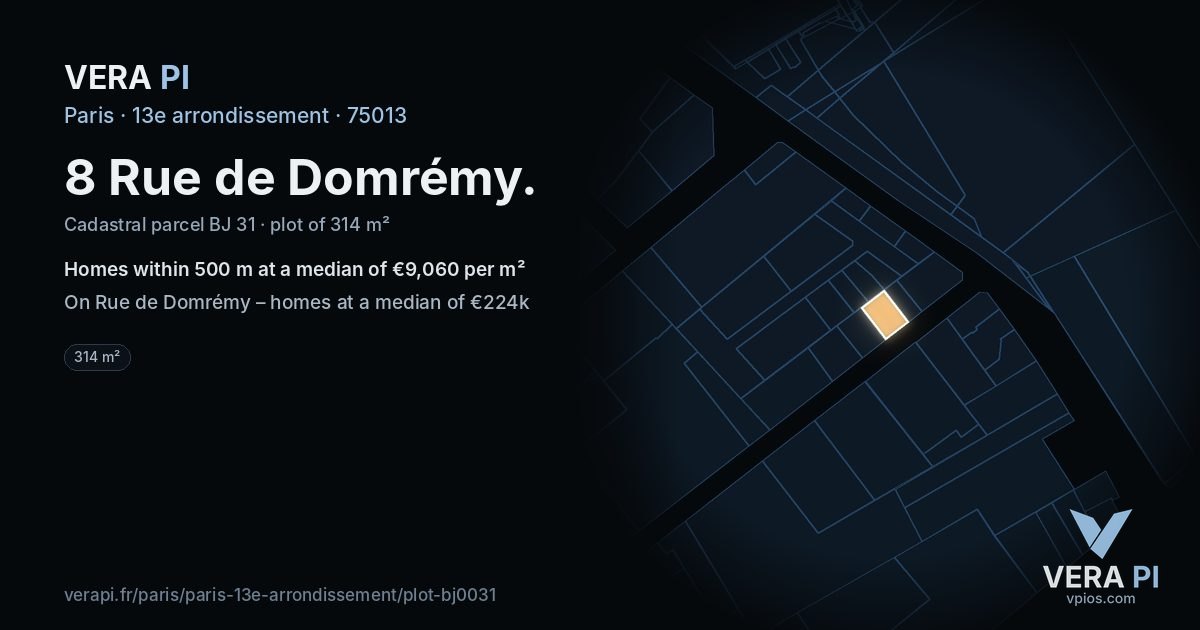 8 Rue de Domrémy, 13e arrondissement at night – the plot lit, the parcels around coloured by the prices near them