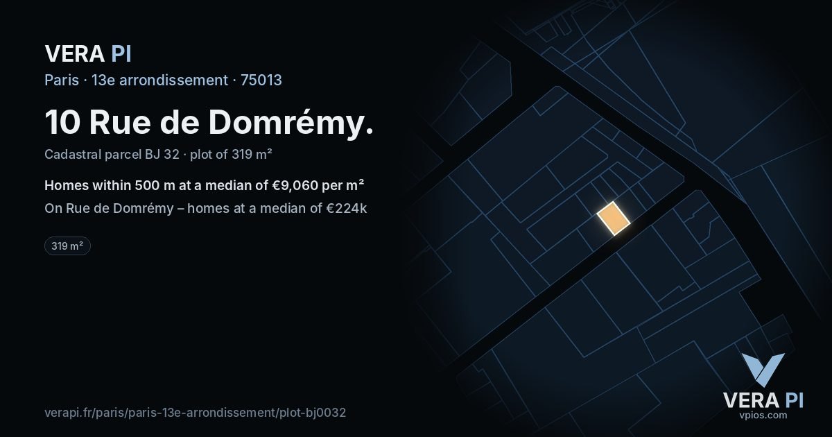 10 Rue de Domrémy, 13e arrondissement at night – the plot lit, the parcels around coloured by the prices near them