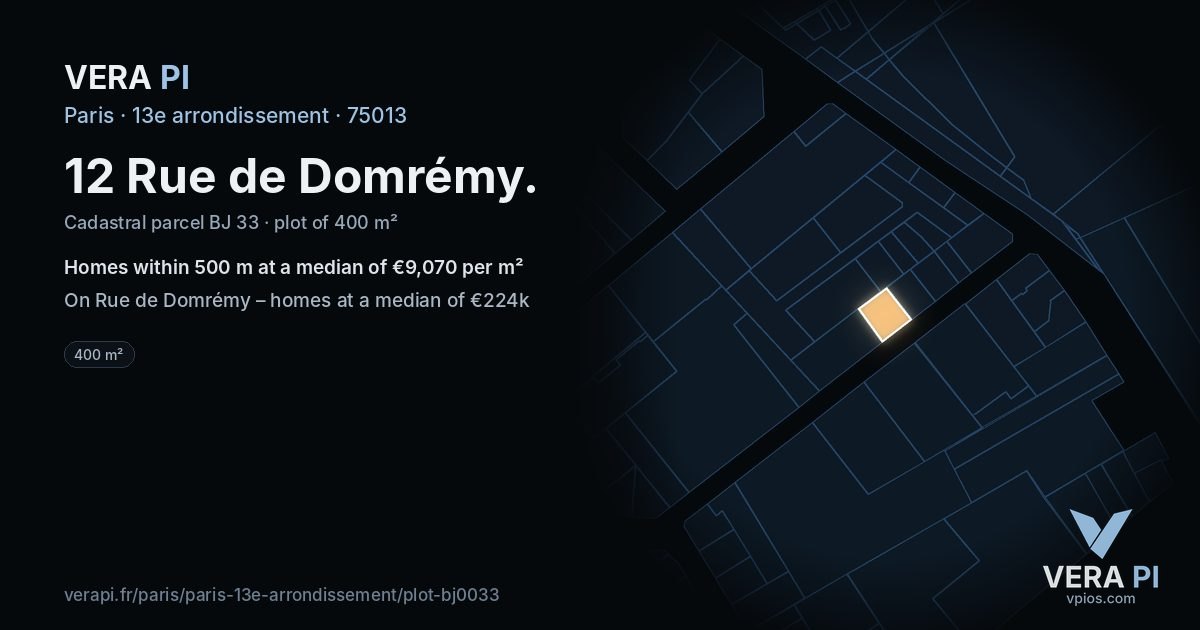 12 Rue de Domrémy, 13e arrondissement at night – the plot lit, the parcels around coloured by the prices near them