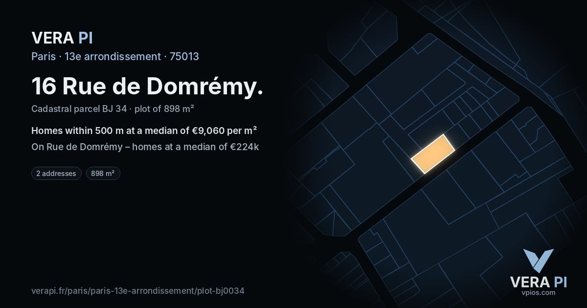 16 Rue de Domrémy, 13e arrondissement at night – the plot lit, the parcels around coloured by the prices near them