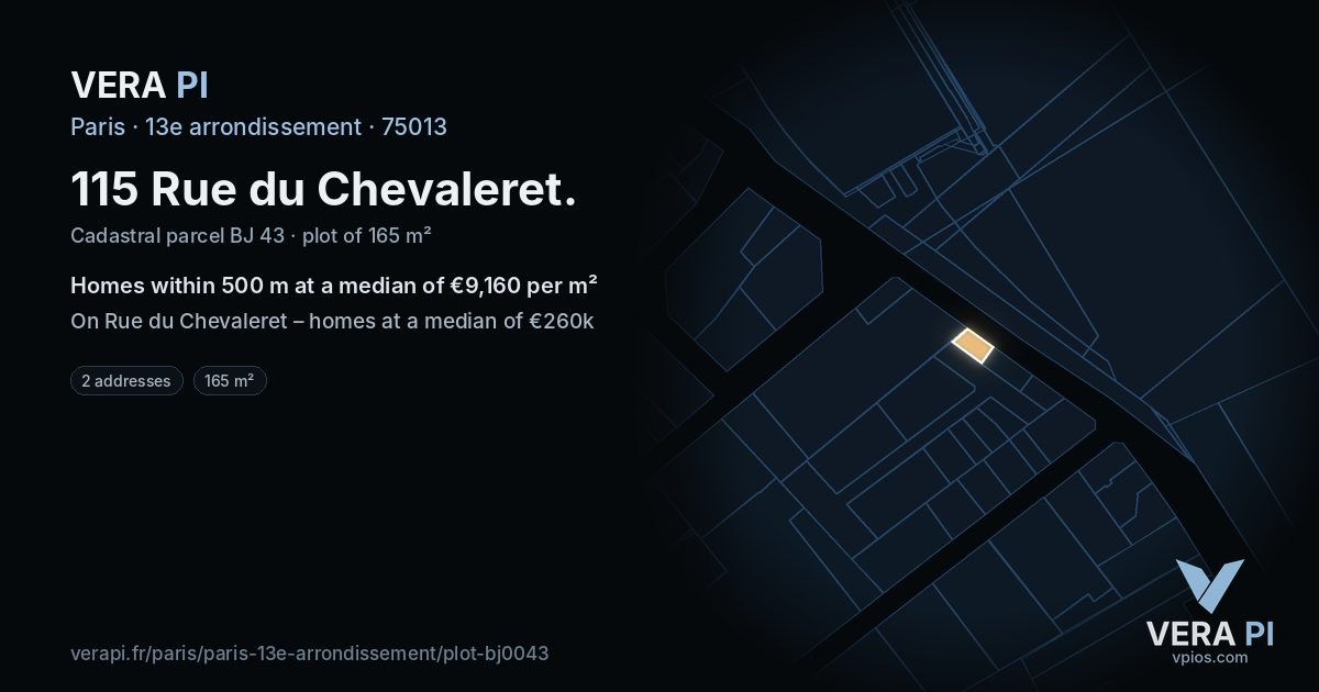 115 Rue du Chevaleret, 13e arrondissement at night – the plot lit, the parcels around coloured by the prices near them