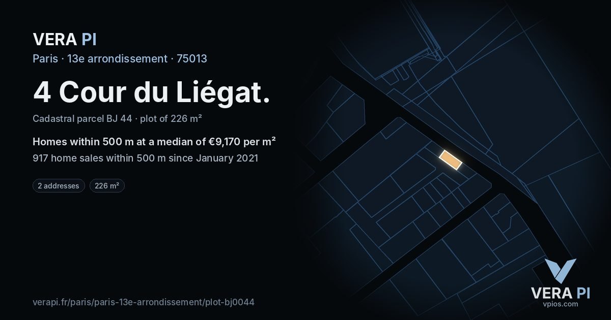 4 Cour du Liégat, 13e arrondissement at night – the plot lit, the parcels around coloured by the prices near them