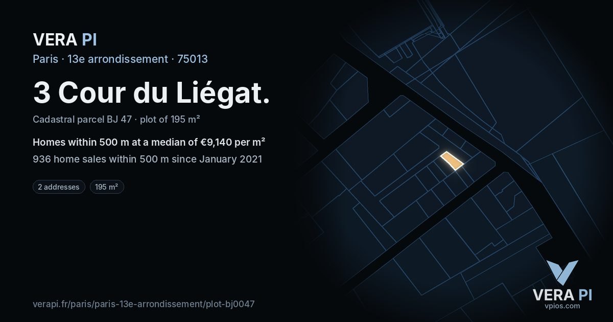 3 Cour du Liégat, 13e arrondissement at night – the plot lit, the parcels around coloured by the prices near them