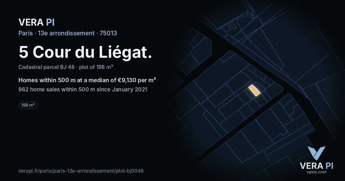 5 Cour du Liégat, 13e arrondissement at night – the plot lit, the parcels around coloured by the prices near them
