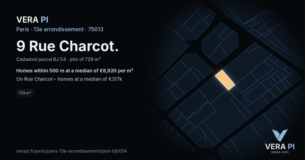9 Rue Charcot, 13e arrondissement at night – the plot lit, the parcels around coloured by the prices near them