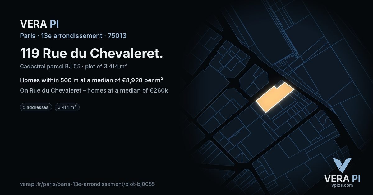 119 Rue du Chevaleret, 13e arrondissement at night – the plot lit, the parcels around coloured by the prices near them
