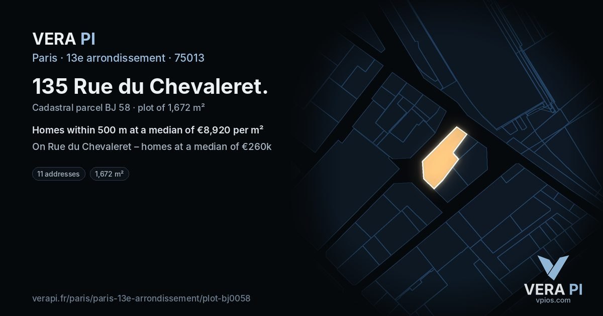 135 Rue du Chevaleret, 13e arrondissement at night – the plot lit, the parcels around coloured by the prices near them