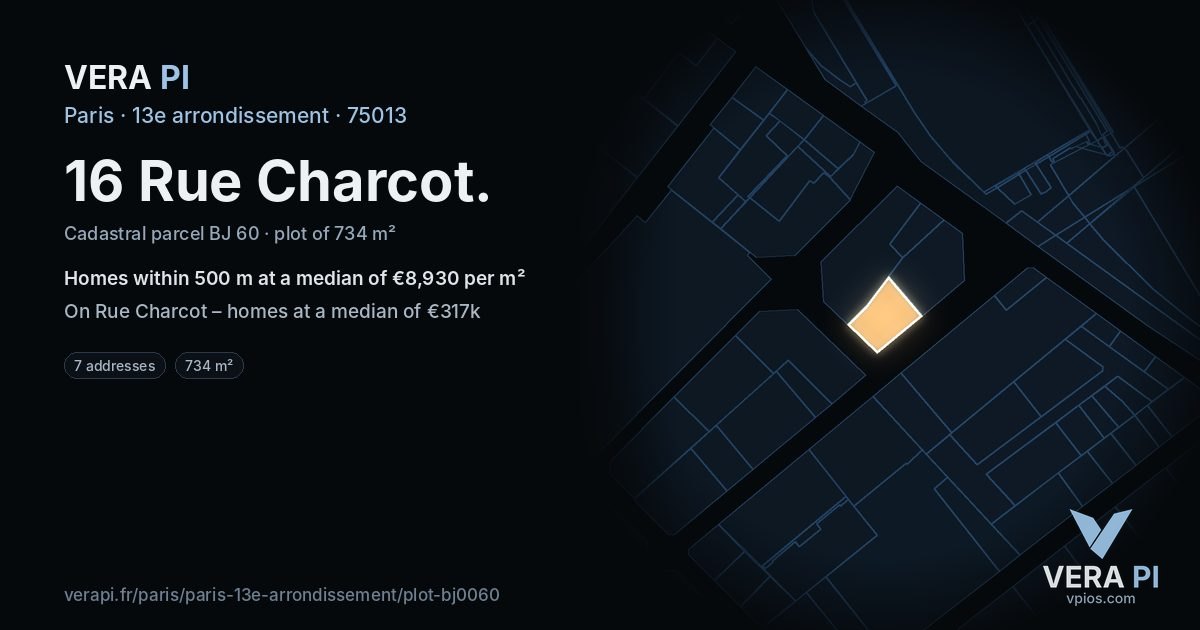 16 Rue Charcot, 13e arrondissement at night – the plot lit, the parcels around coloured by the prices near them