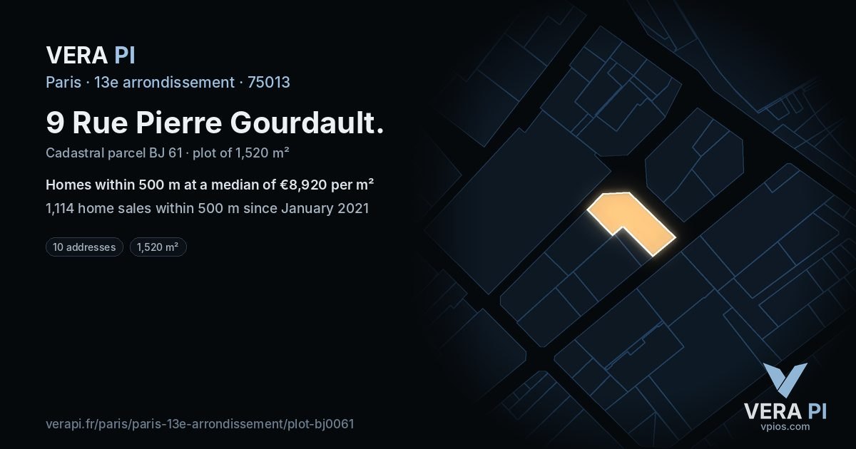 9 Rue Pierre Gourdault, 13e arrondissement at night – the plot lit, the parcels around coloured by the prices near them