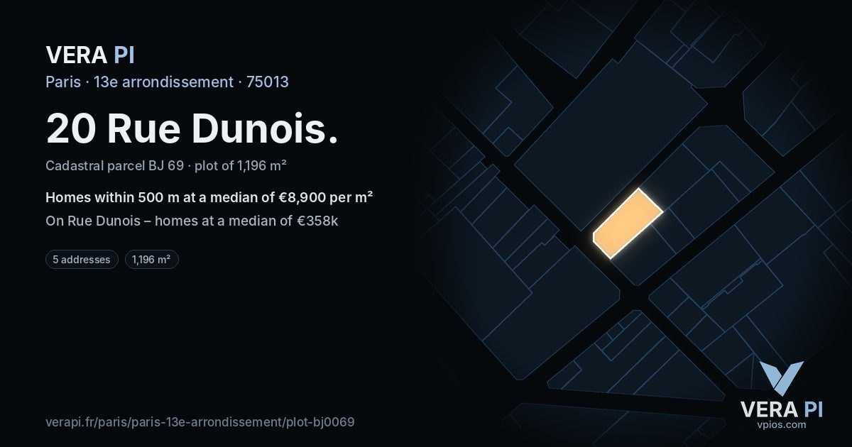 20 Rue Dunois, 13e arrondissement at night – the plot lit, the parcels around coloured by the prices near them