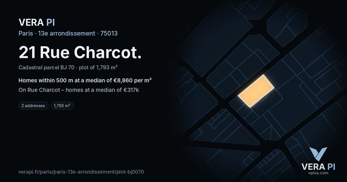 21 Rue Charcot, 13e arrondissement at night – the plot lit, the parcels around coloured by the prices near them
