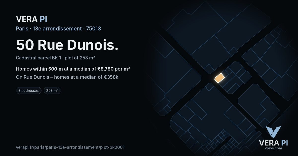 50 Rue Dunois, 13e arrondissement at night – the plot lit, the parcels around coloured by the prices near them