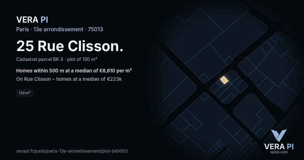 25 Rue Clisson, 13e arrondissement at night – the plot lit, the parcels around coloured by the prices near them