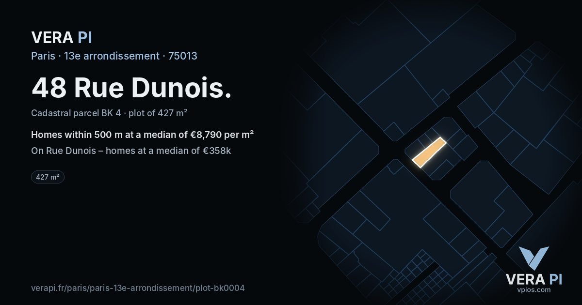 48 Rue Dunois, 13e arrondissement at night – the plot lit, the parcels around coloured by the prices near them