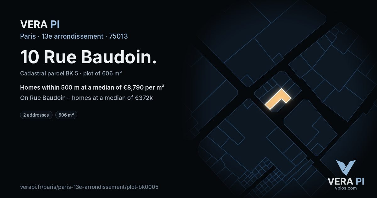 10 Rue Baudoin, 13e arrondissement at night – the plot lit, the parcels around coloured by the prices near them
