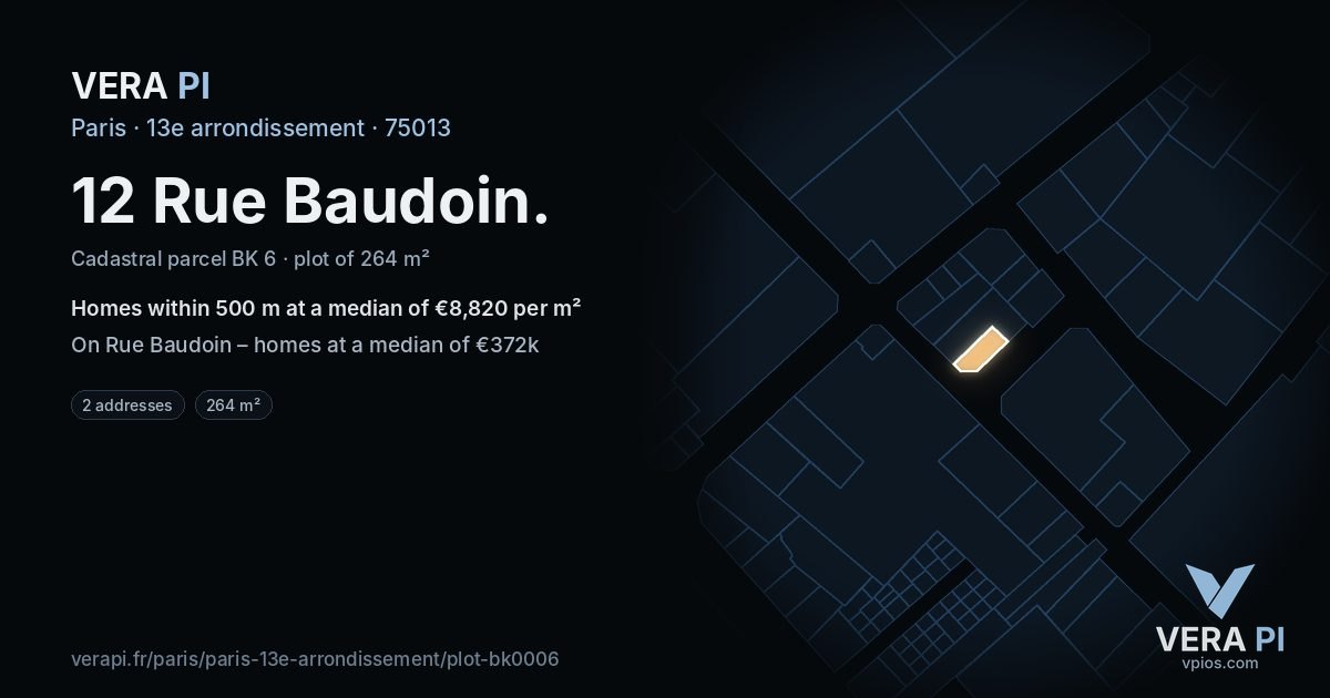 12 Rue Baudoin, 13e arrondissement at night – the plot lit, the parcels around coloured by the prices near them