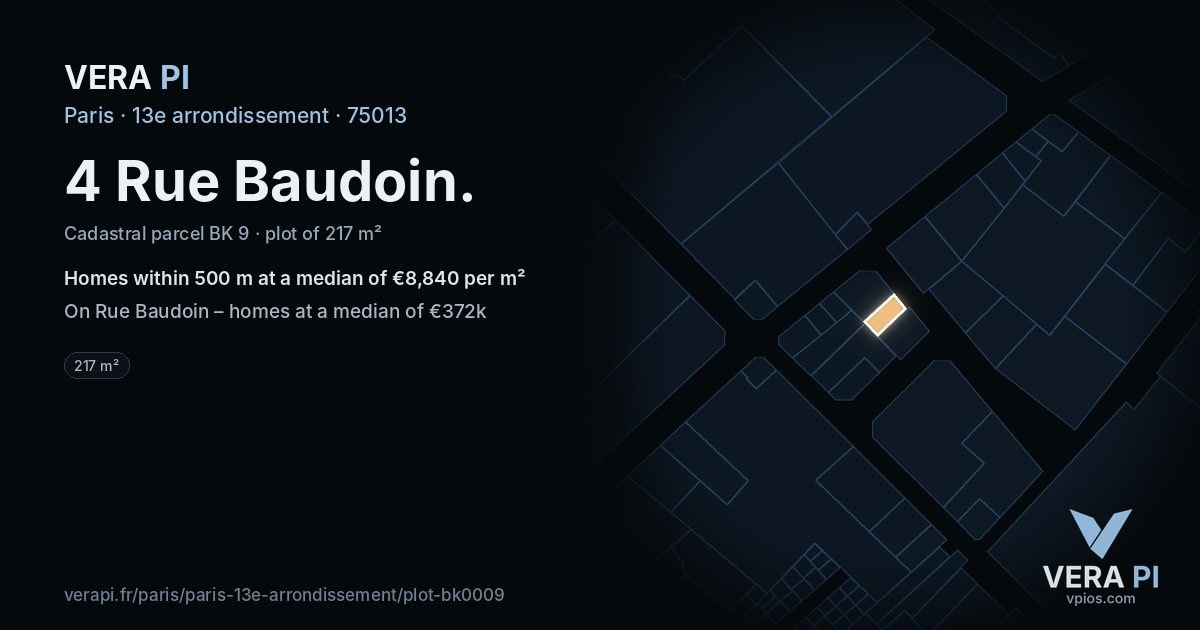4 Rue Baudoin, 13e arrondissement at night – the plot lit, the parcels around coloured by the prices near them