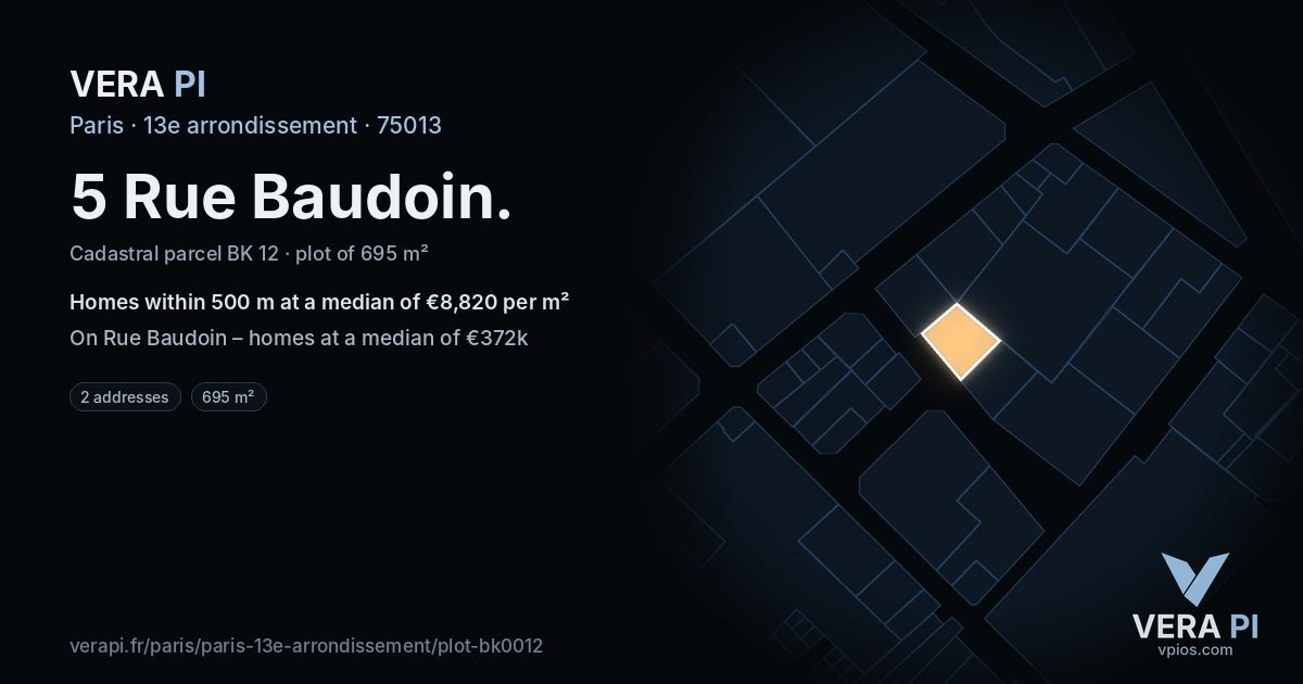 5 Rue Baudoin, 13e arrondissement at night – the plot lit, the parcels around coloured by the prices near them