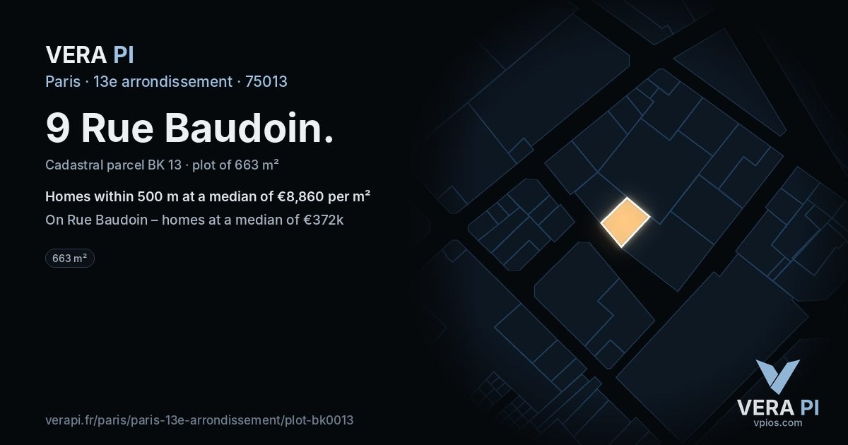 9 Rue Baudoin, 13e arrondissement at night – the plot lit, the parcels around coloured by the prices near them
