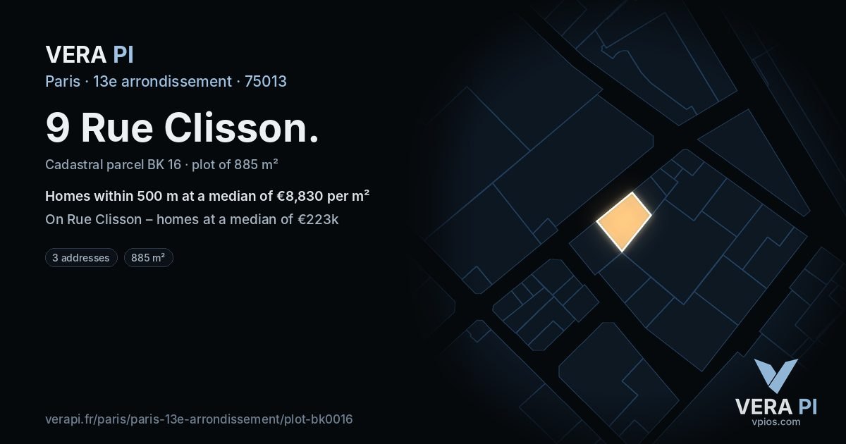 9 Rue Clisson, 13e arrondissement at night – the plot lit, the parcels around coloured by the prices near them