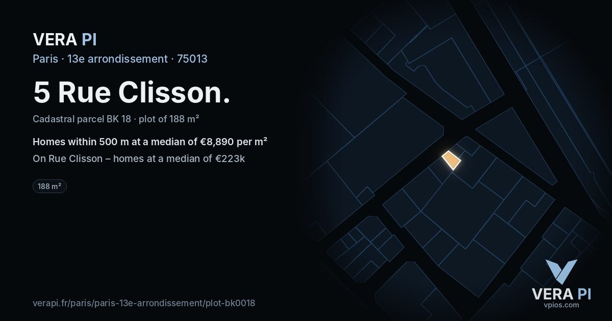 5 Rue Clisson, 13e arrondissement at night – the plot lit, the parcels around coloured by the prices near them