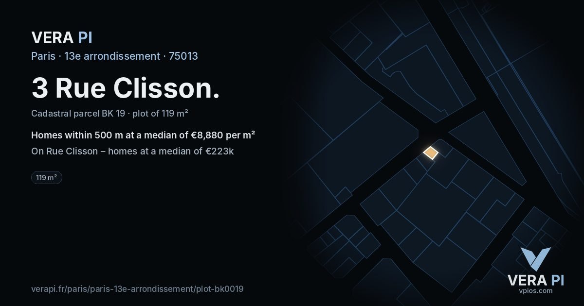 3 Rue Clisson, 13e arrondissement at night – the plot lit, the parcels around coloured by the prices near them