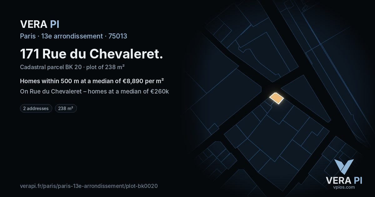 171 Rue du Chevaleret, 13e arrondissement at night – the plot lit, the parcels around coloured by the prices near them