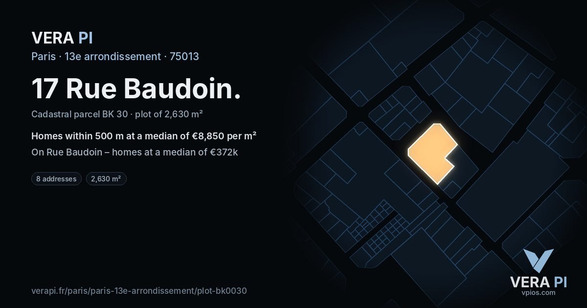 17 Rue Baudoin, 13e arrondissement at night – the plot lit, the parcels around coloured by the prices near them