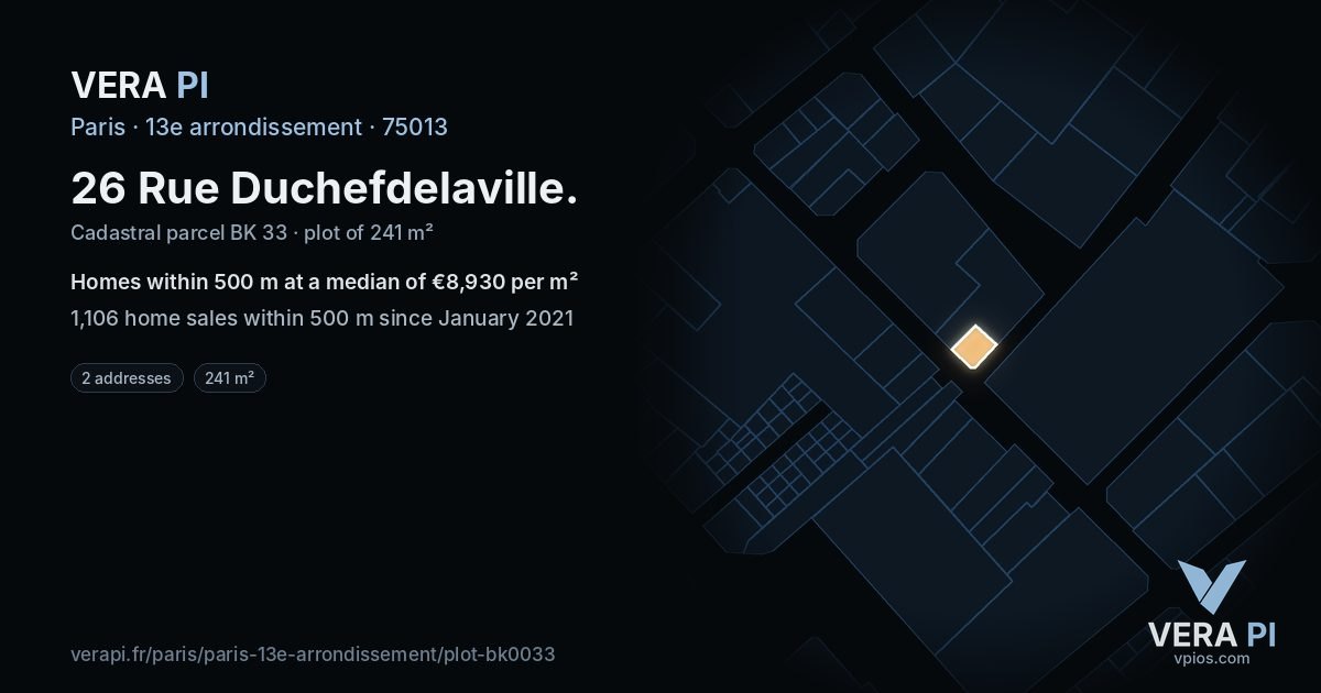 26 Rue Duchefdelaville, 13e arrondissement at night – the plot lit, the parcels around coloured by the prices near them