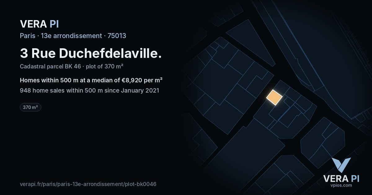 3 Rue Duchefdelaville, 13e arrondissement at night – the plot lit, the parcels around coloured by the prices near them