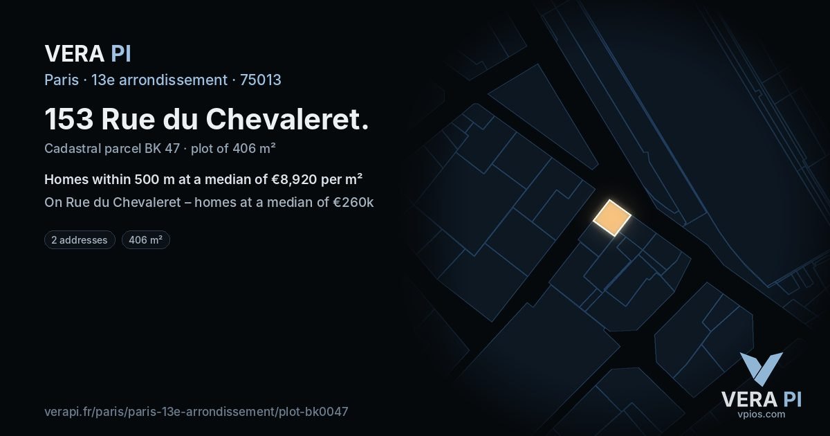153 Rue du Chevaleret, 13e arrondissement at night – the plot lit, the parcels around coloured by the prices near them