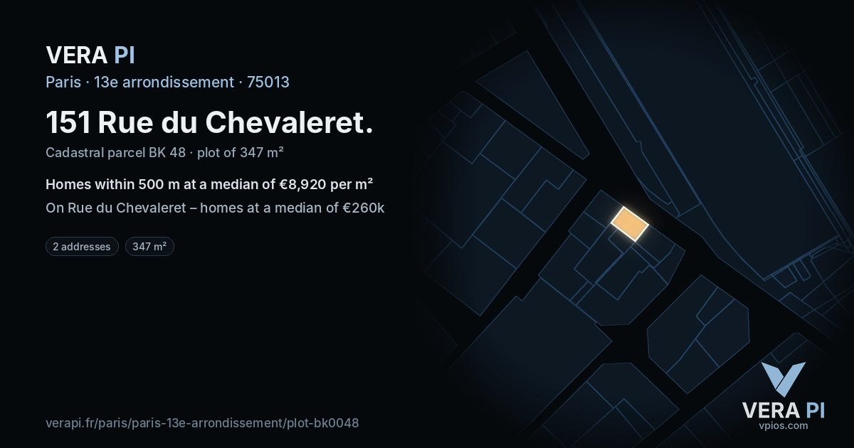 151 Rue du Chevaleret, 13e arrondissement at night – the plot lit, the parcels around coloured by the prices near them