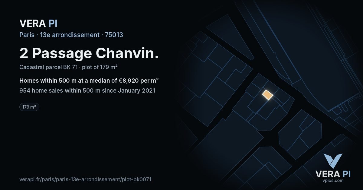 2 Passage Chanvin, 13e arrondissement at night – the plot lit, the parcels around coloured by the prices near them