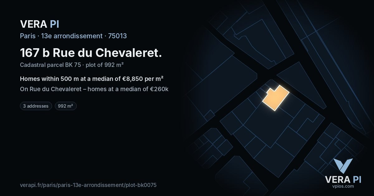167 b Rue du Chevaleret, 13e arrondissement at night – the plot lit, the parcels around coloured by the prices near them