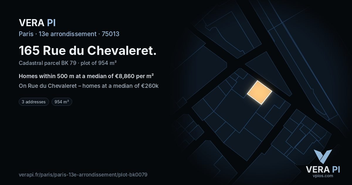 165 Rue du Chevaleret, 13e arrondissement at night – the plot lit, the parcels around coloured by the prices near them