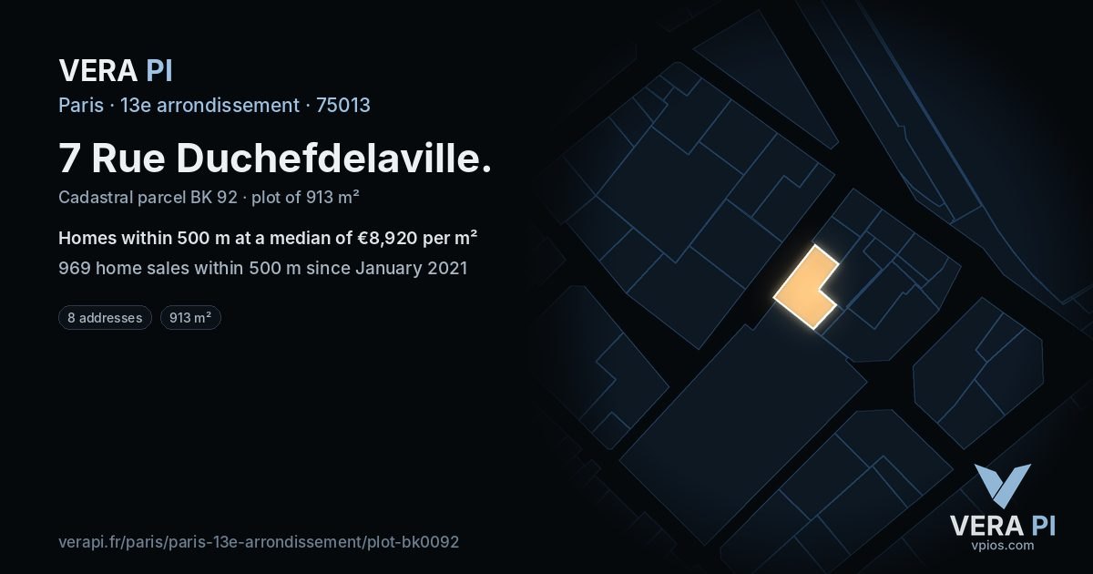 7 Rue Duchefdelaville, 13e arrondissement at night – the plot lit, the parcels around coloured by the prices near them