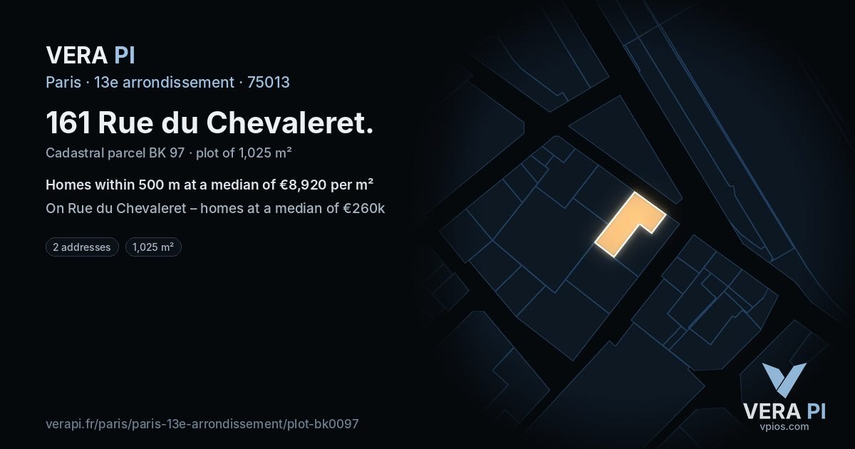161 Rue du Chevaleret, 13e arrondissement at night – the plot lit, the parcels around coloured by the prices near them