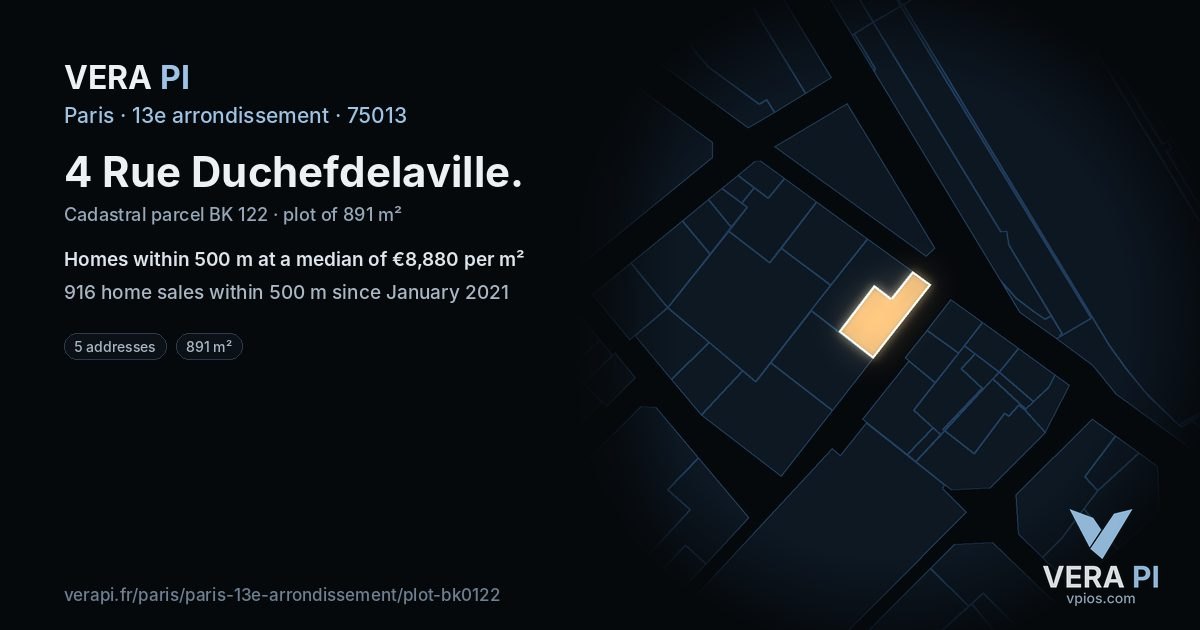 4 Rue Duchefdelaville, 13e arrondissement at night – the plot lit, the parcels around coloured by the prices near them