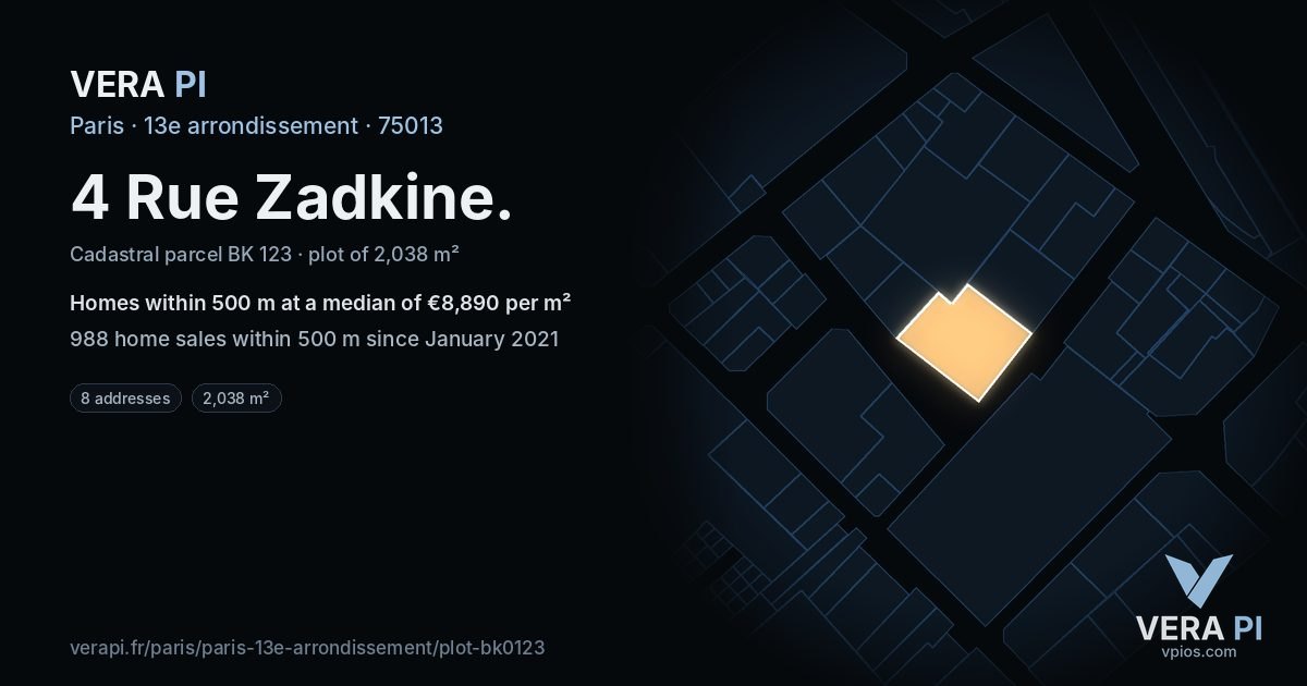 4 Rue Zadkine, 13e arrondissement at night – the plot lit, the parcels around coloured by the prices near them