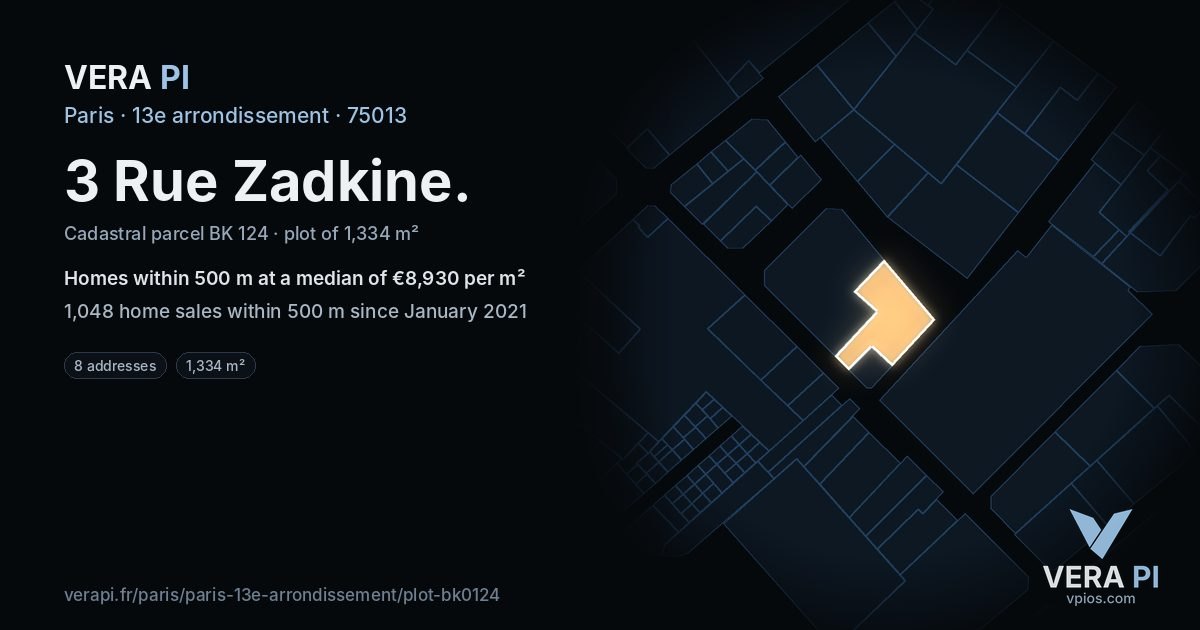 3 Rue Zadkine, 13e arrondissement at night – the plot lit, the parcels around coloured by the prices near them