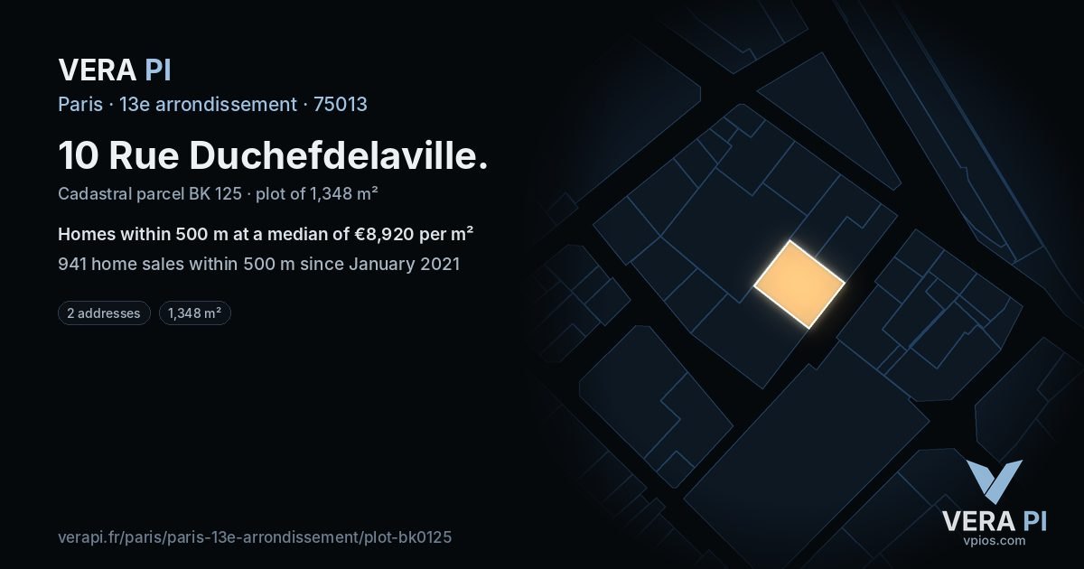 10 Rue Duchefdelaville, 13e arrondissement at night – the plot lit, the parcels around coloured by the prices near them