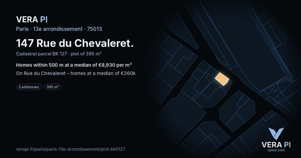 147 Rue du Chevaleret, 13e arrondissement at night – the plot lit, the parcels around coloured by the prices near them