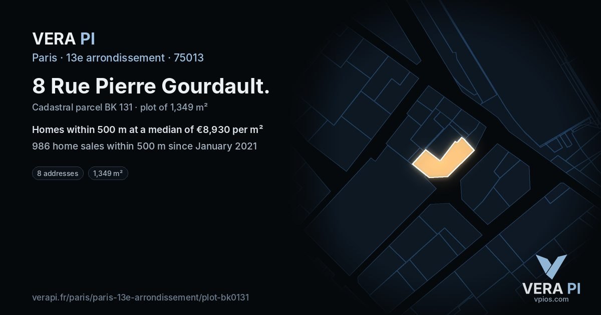 8 Rue Pierre Gourdault, 13e arrondissement at night – the plot lit, the parcels around coloured by the prices near them