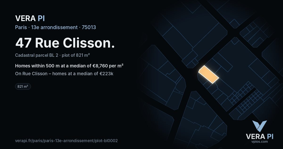 47 Rue Clisson, 13e arrondissement at night – the plot lit, the parcels around coloured by the prices near them