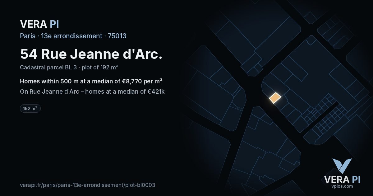 54 Rue Jeanne d'Arc, 13e arrondissement at night – the plot lit, the parcels around coloured by the prices near them