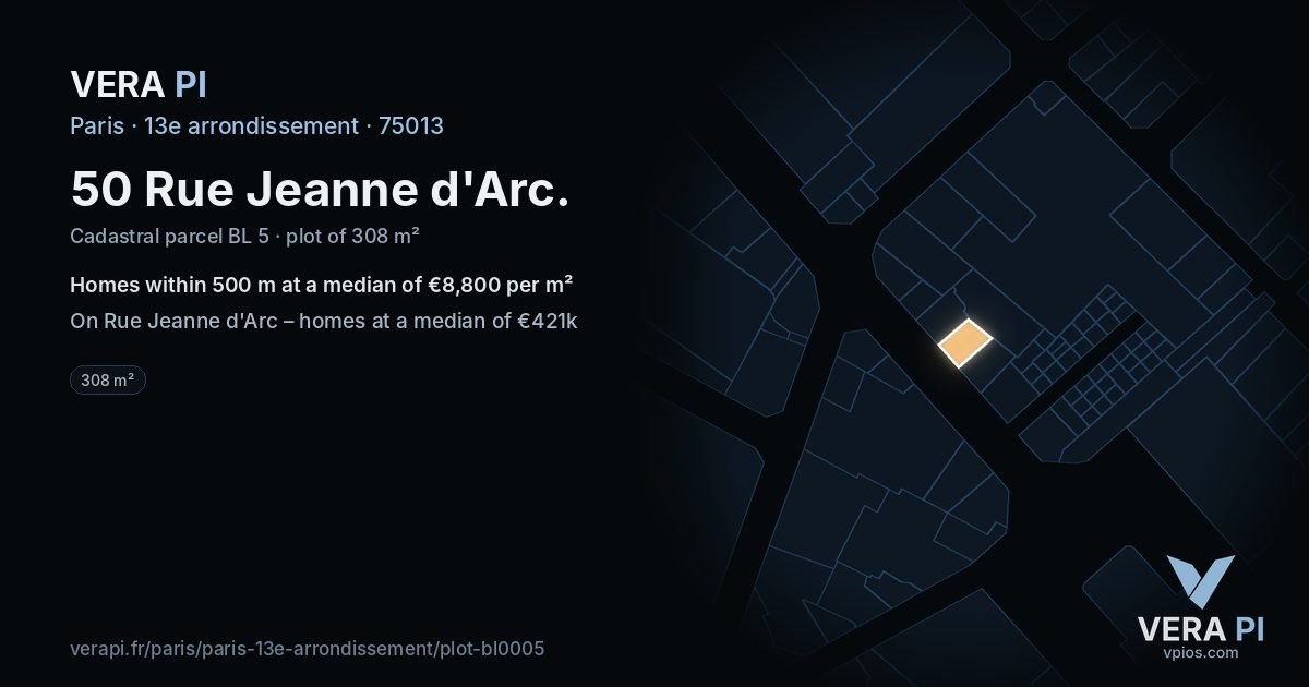 50 Rue Jeanne d'Arc, 13e arrondissement at night – the plot lit, the parcels around coloured by the prices near them