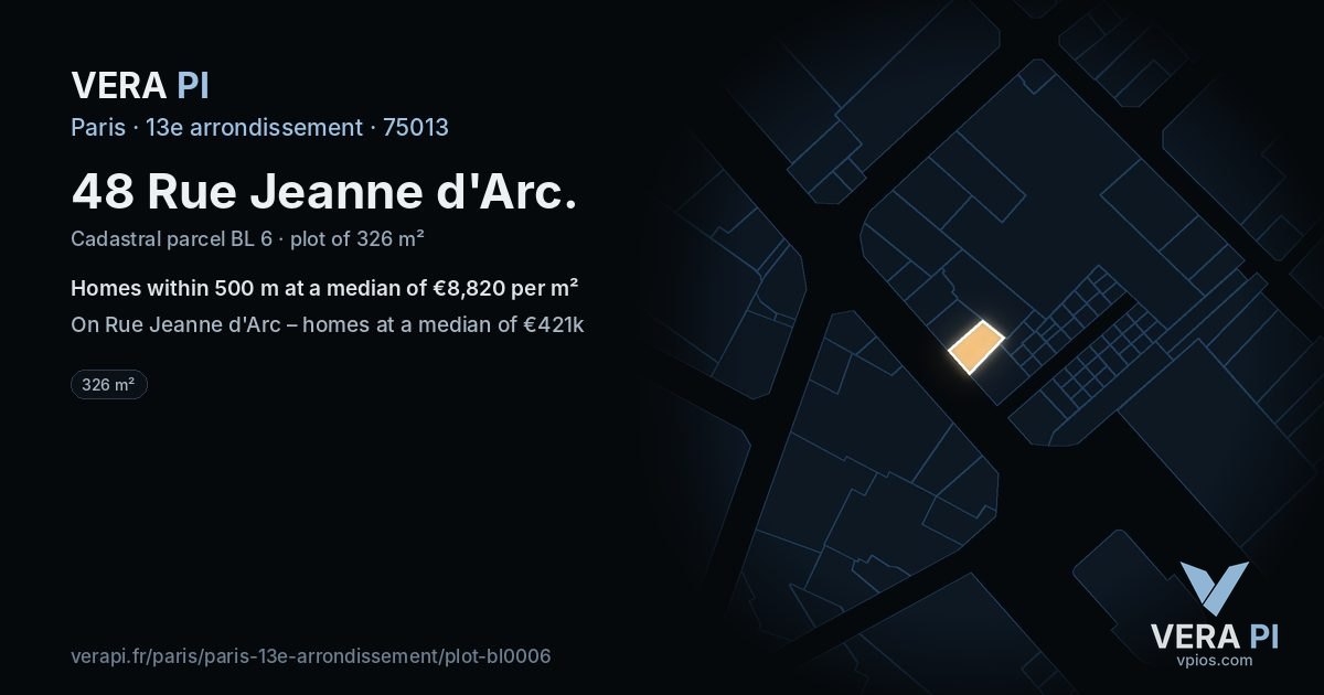 48 Rue Jeanne d'Arc, 13e arrondissement at night – the plot lit, the parcels around coloured by the prices near them