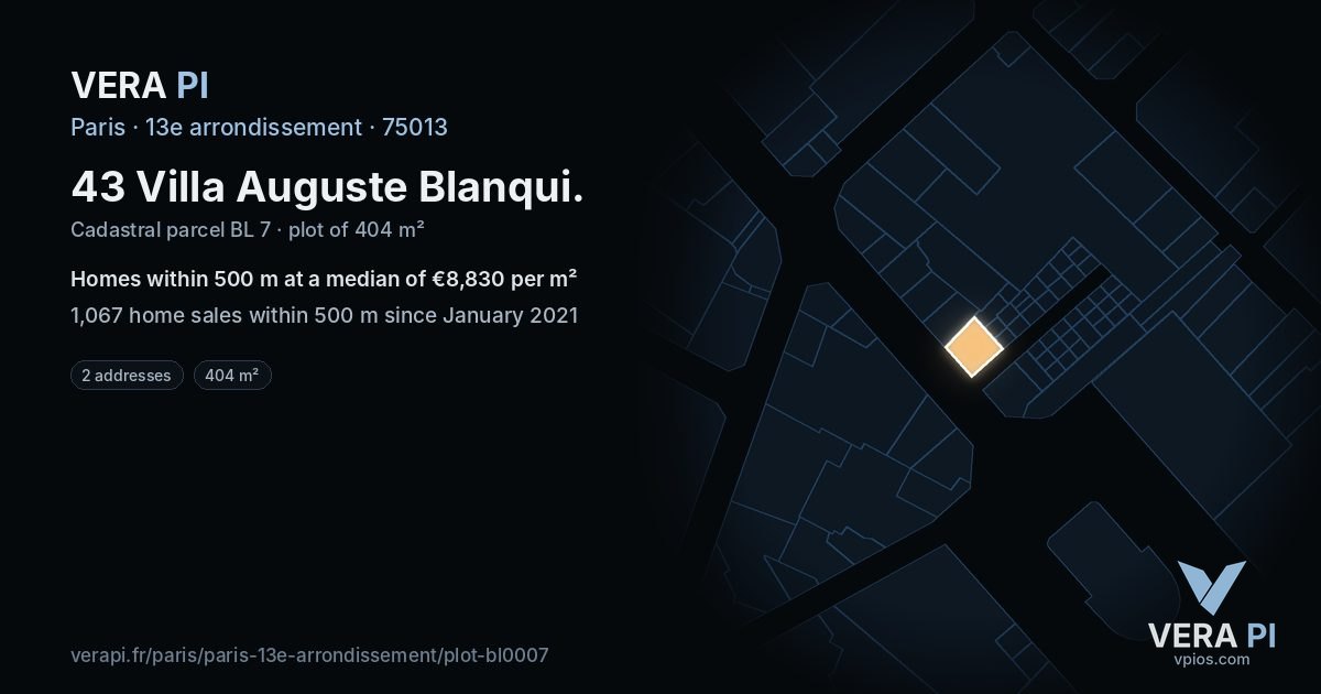 43 Villa Auguste Blanqui, 13e arrondissement at night – the plot lit, the parcels around coloured by the prices near them