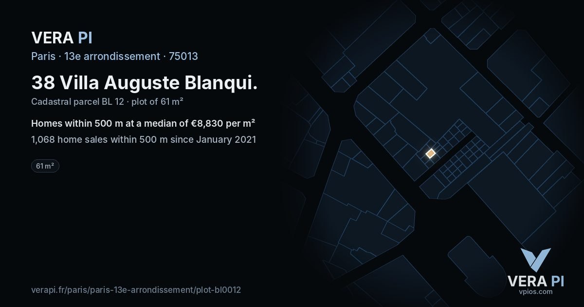 38 Villa Auguste Blanqui, 13e arrondissement at night – the plot lit, the parcels around coloured by the prices near them